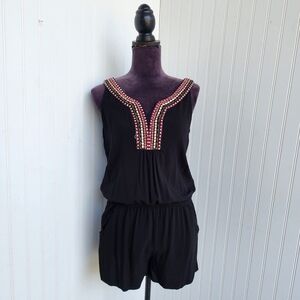 NWT BCX Womens Sleeveless Embroidered Romper Tie Back Black Rayon Sleveless Sz M